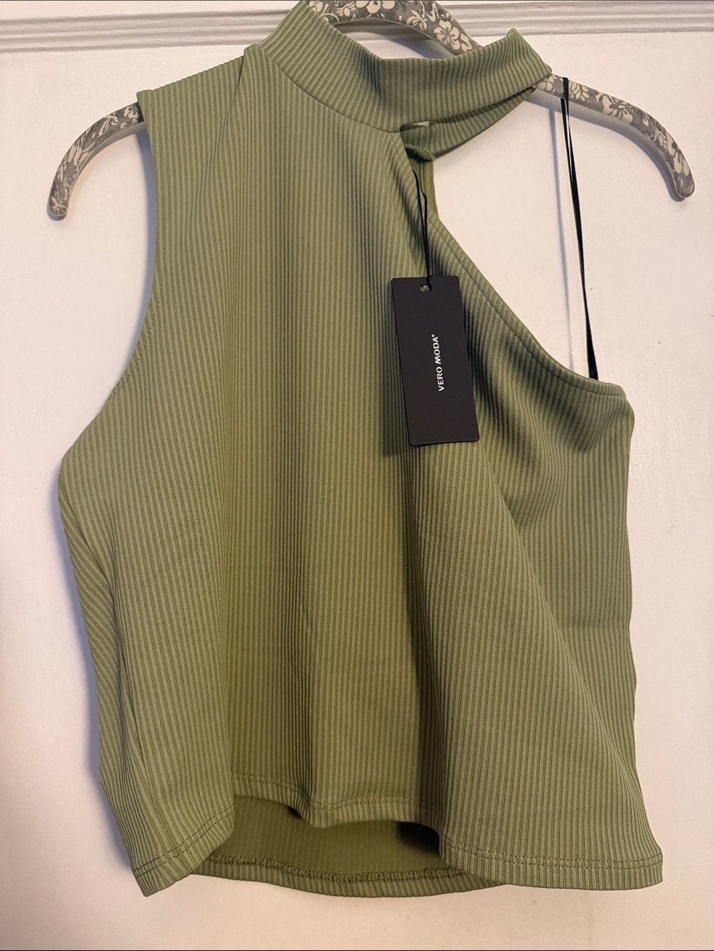 Vero Moda Cropped Olive Ribbed One-Shoulder Tank